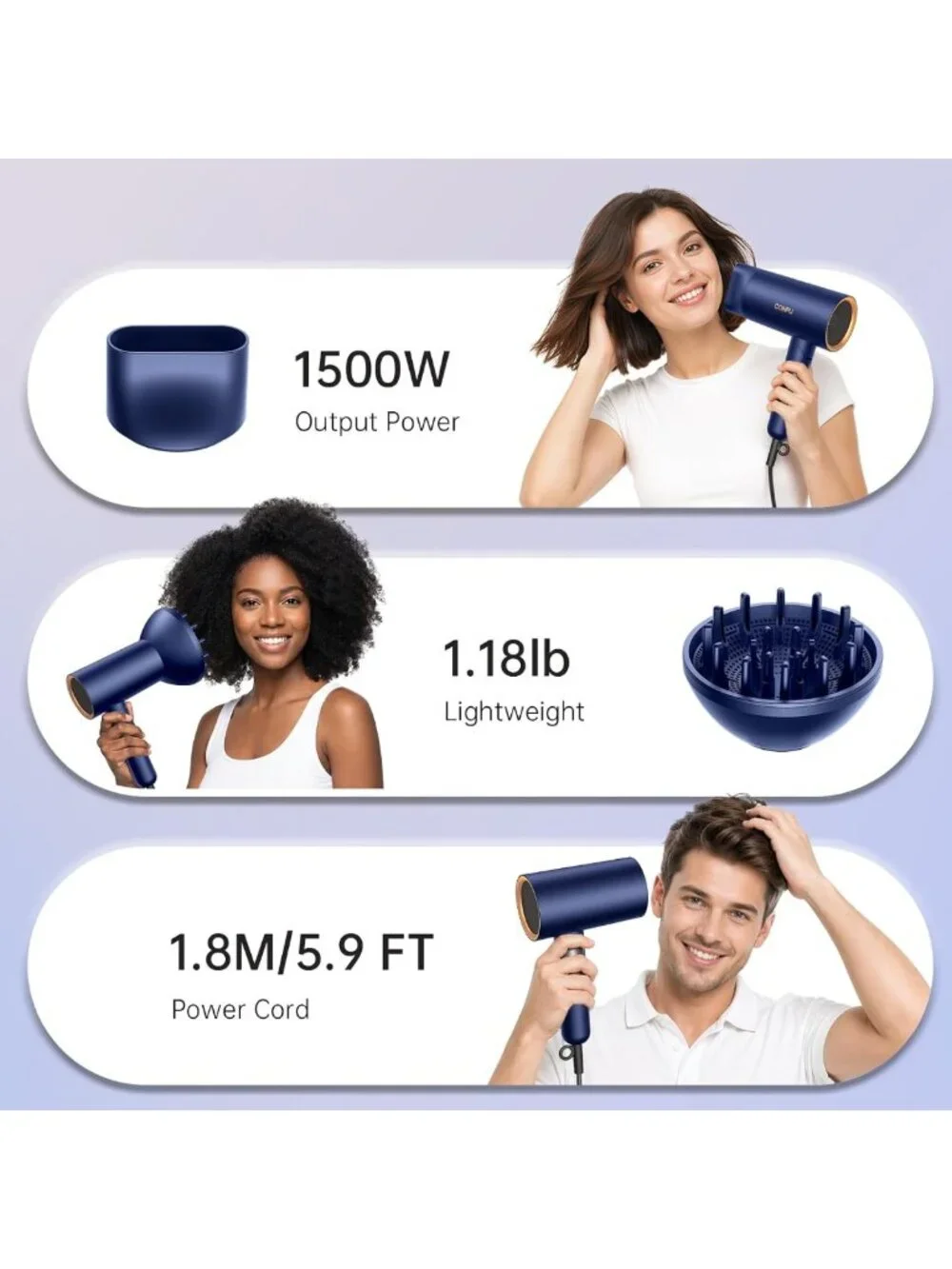 1500W Fast Drying Hair Dryer with Diffuser for Curly Hair, Compact & Portable